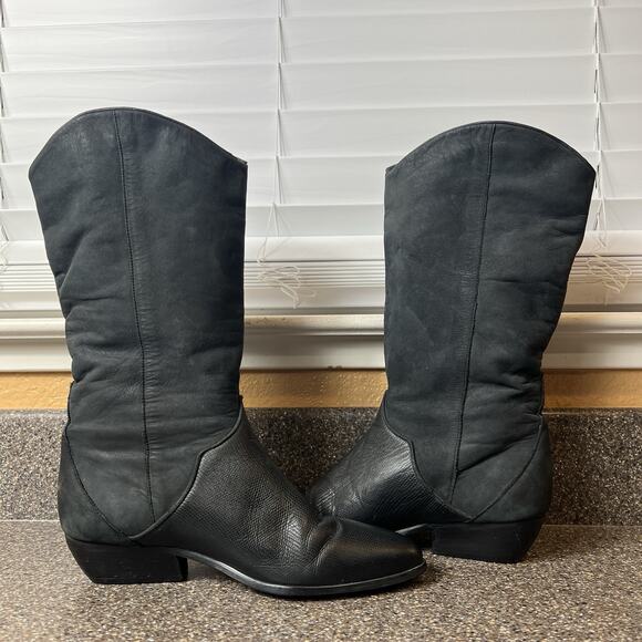 Botalino Women's Size 7.5 M Black Nubuck Leather Mid Calf Boots Pull On Low Heel - Picture 4 of 9